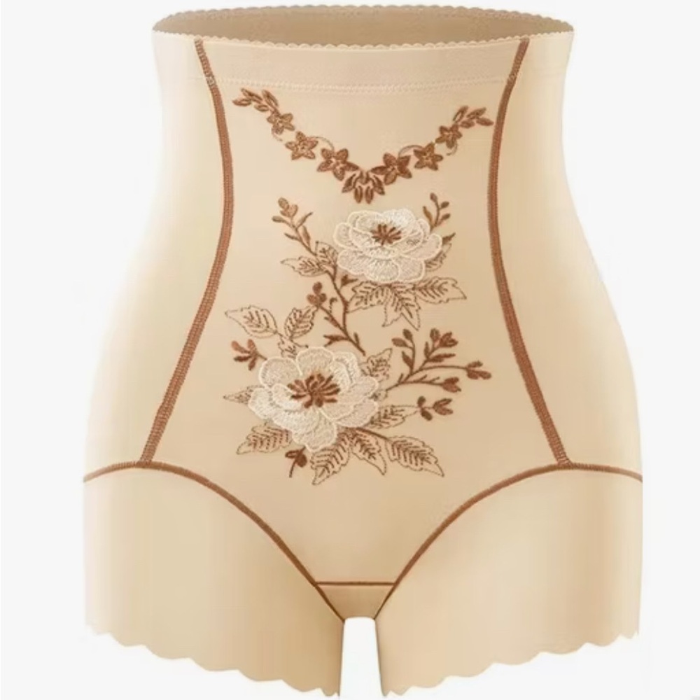 Floral Embroidered Mid-Rise Shapewear - Beige